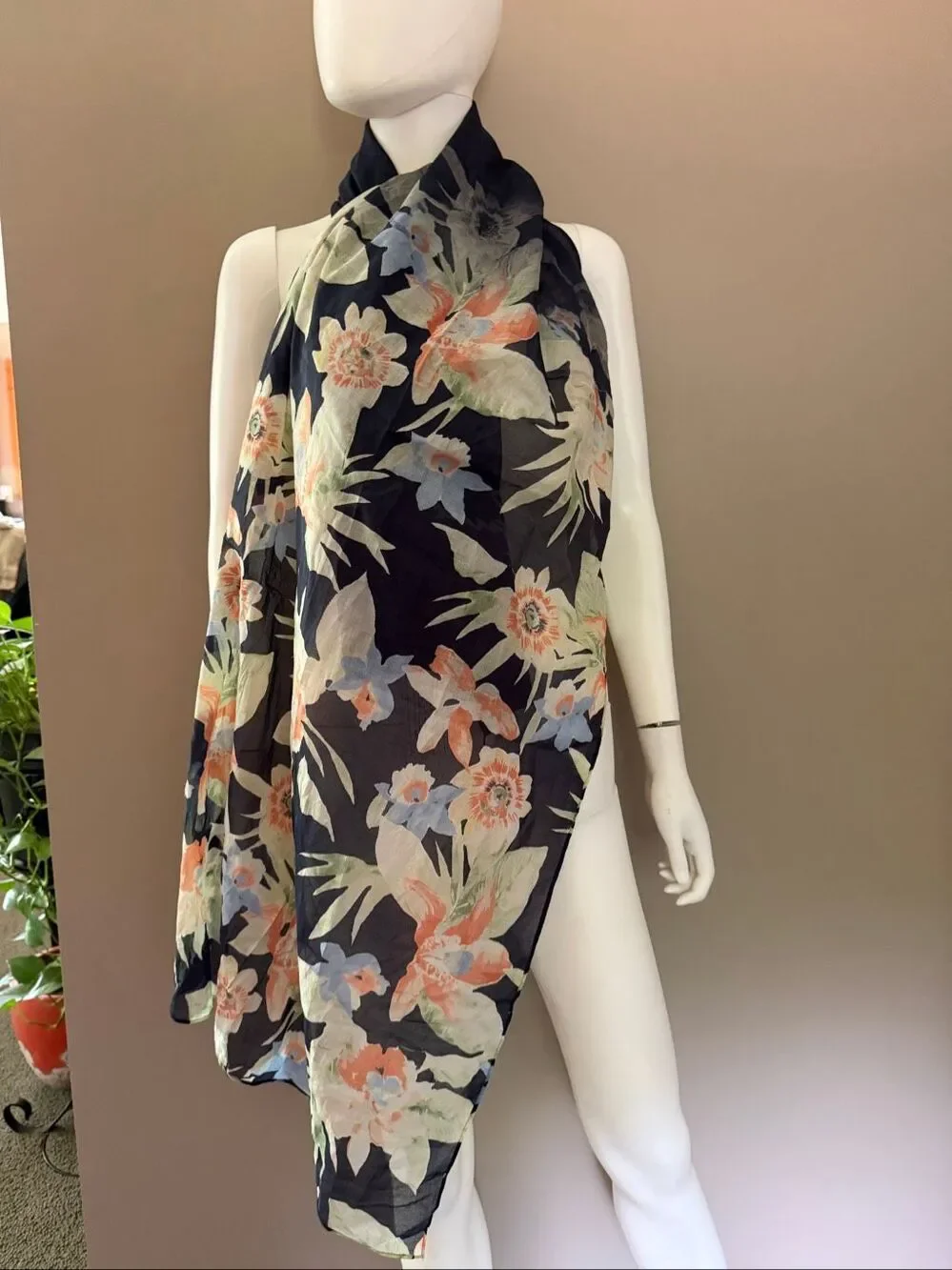 Lauren Ralph Lauren Blue Tropical Flowers Cotton Scarf Wrap